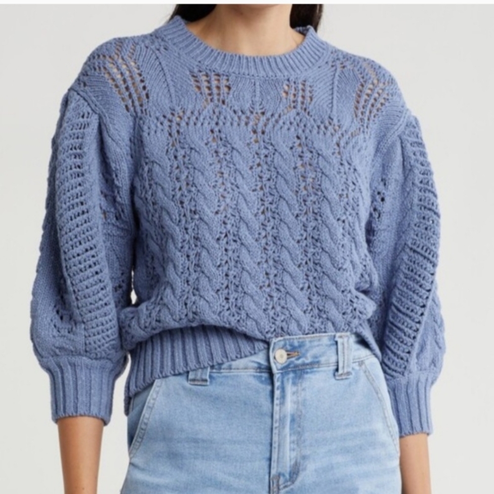Joie Ella Chunky Cable Knit Blouson Country Blue Sweater NWT Small
